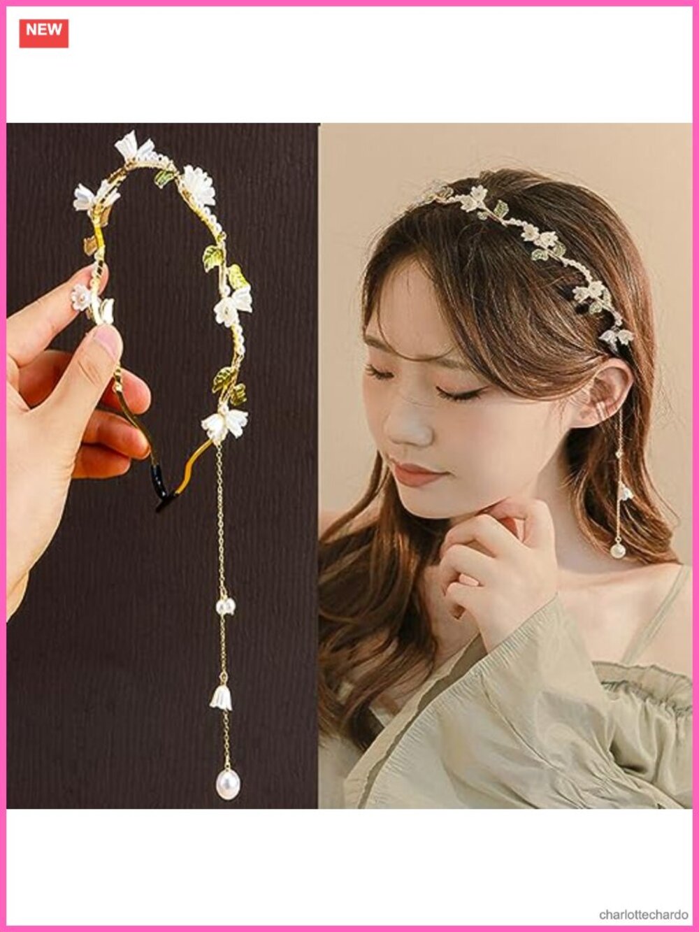 Gold Metal Headband with Leaf and Flower Tassel